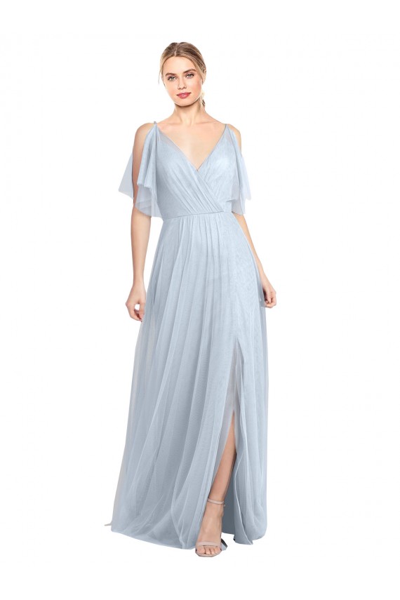 Flutter Sleeves Light Sky Blue V-Back A-Line Spaghetti Straps Bridesmaid Dress / Evening Dress Lincoln