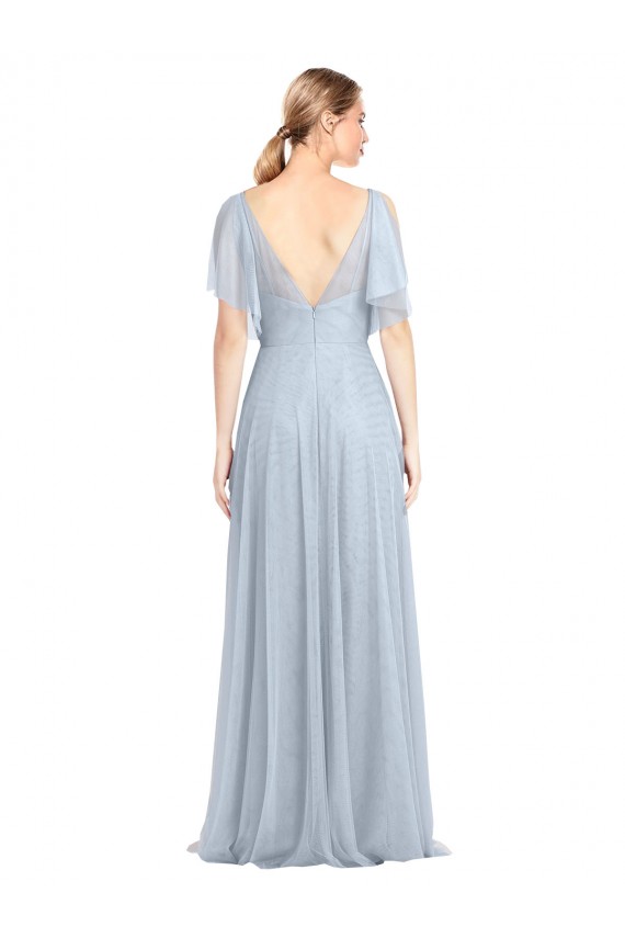 Flutter Sleeves Light Sky Blue V-Back A-Line Spaghetti Straps Bridesmaid Dress / Evening Dress Lincoln