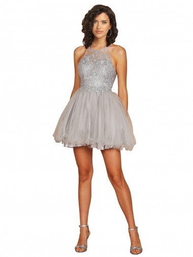Sleeveless Silver Criss Cross Open Back A-Line Halter Neck Bridesmaid Dress Lincoln