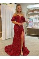 Short Sleeves Red Sheath Off the Shoulder Prom Dress / Evening Dress Lincoln