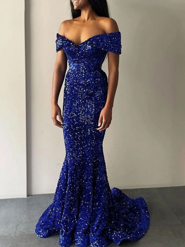 Sleeveless Royal Blue Mermaid Off the Shoulder Prom Dresses Lincoln