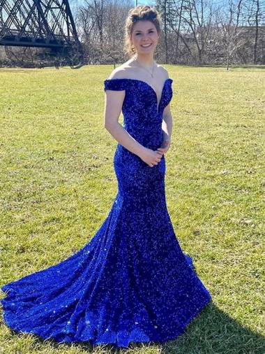 Sleeveless Royal Blue Sheath Off the Shoulder Prom Dress Lincoln