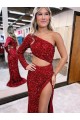 Long Sleeves Burgundy Mermaid One Shoulder Evening Dress Lincoln