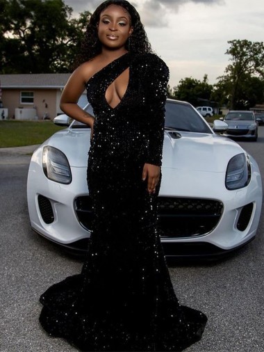 Long Sleeves Black Sheath One Shoulder Prom Dress Lincoln