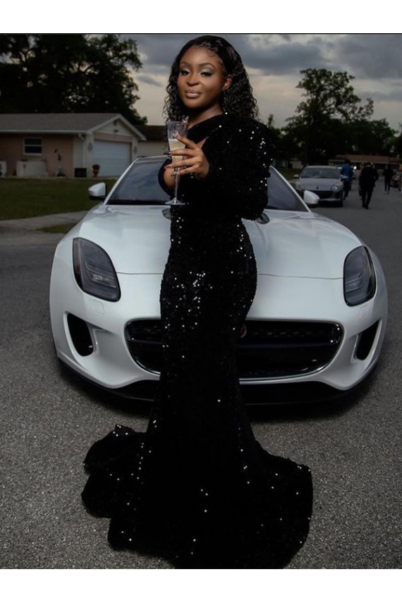 Long Sleeves Black Sheath One Shoulder Prom Dress Lincoln
