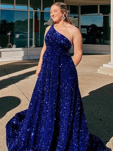 Sleeveless Royal Blue A-Line One Shoulder Prom Dress / Evening Gown Lincoln