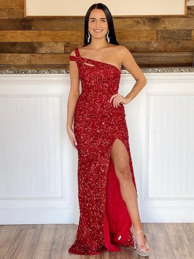 Sleeveless Burgundy Sheath Velvet Sequin One Shoulder Evening Dresses Lincoln