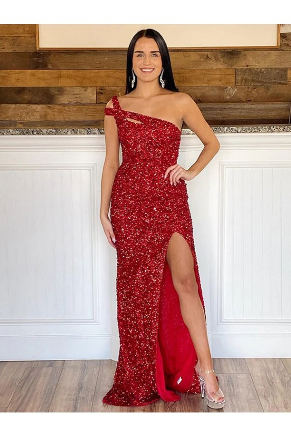Sleeveless Burgundy Sheath Velvet Sequin One Shoulder Evening Dresses Lincoln