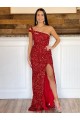Sleeveless Burgundy Sheath Velvet Sequin One Shoulder Evening Dresses Lincoln