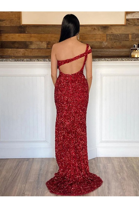 Sleeveless Burgundy Sheath Velvet Sequin One Shoulder Evening Dresses Lincoln