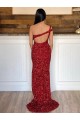 Sleeveless Burgundy Sheath Velvet Sequin One Shoulder Evening Dresses Lincoln