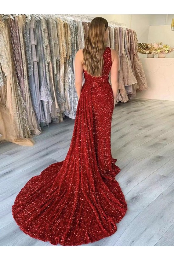 Sleeveless Burgundy Sheath Velvet Sequin One Shoulder Prom Dress Lincoln