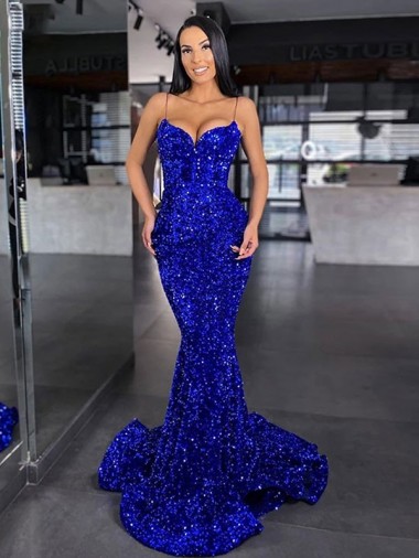 Sleeveless Royal Blue Mermaid Spaghetti Straps Evening Gown / Prom Dress Lincoln