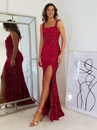Sleeveless Burgundy Sheath Square Neck Prom Dress Lincoln