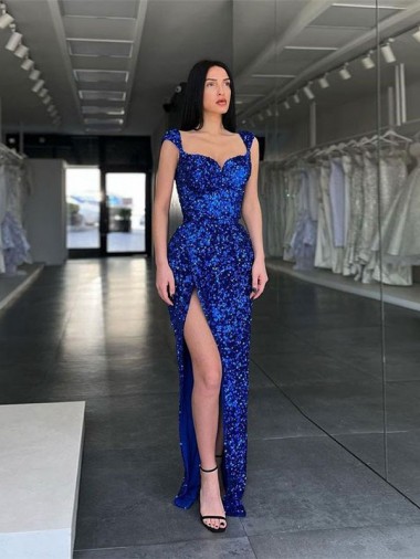 Sleeveless Royal Blue Sheath Spaghetti Straps Evening Gown / Prom Dress Lincoln