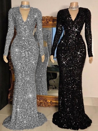 Long Sleeves Black Sheath V-Neck Prom Dress Lincoln