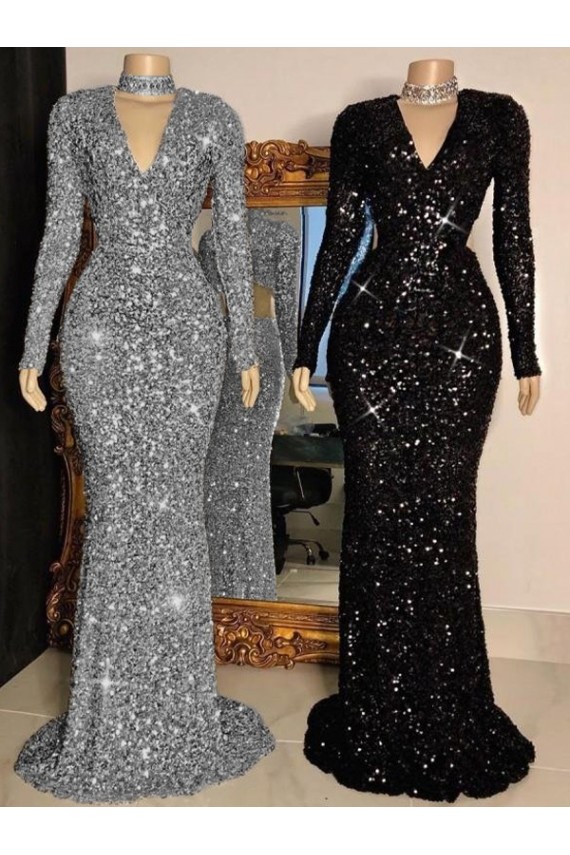 Long Sleeves Black Sheath V-Neck Prom Dress Lincoln