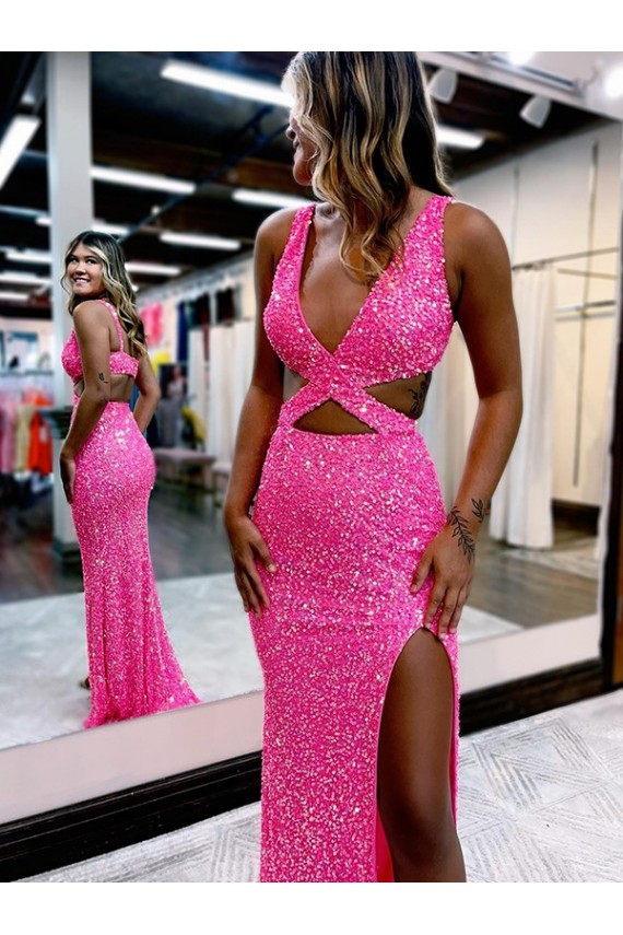 Sleeveless Shown Color Sheath Velvet Sequin V-Neck Evening Dress Lincoln