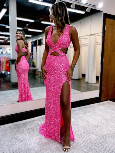 Sleeveless Shown Color Sheath Velvet Sequin V-Neck Evening Dress Lincoln