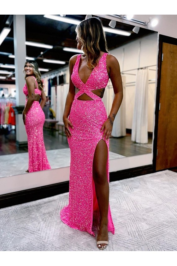 Sleeveless Shown Color Sheath Velvet Sequin V-Neck Evening Dress Lincoln