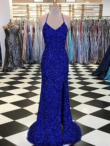 Sleeveless Royal Blue Sheath V-Neck Prom Dress / Evening Gown Lincoln