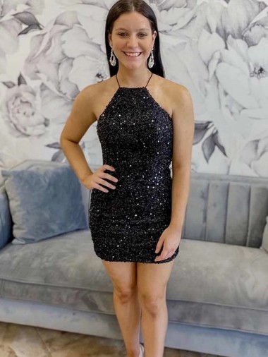 Sleeveless Black Sheath Halter Neck Prom Dress Lincoln
