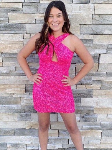 Sleeveless Fuchsia Sheath Halter Neck Homecoming Dress Lincoln