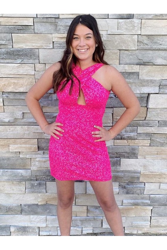 Sleeveless Fuchsia Sheath Halter Neck Homecoming Dress Lincoln