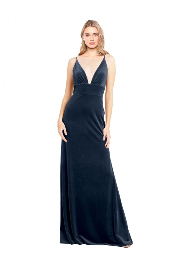 Sleeveless Dark Navy V-Back A-Line V-Neck Prom Dress / Bridesmaid Dress Lincoln