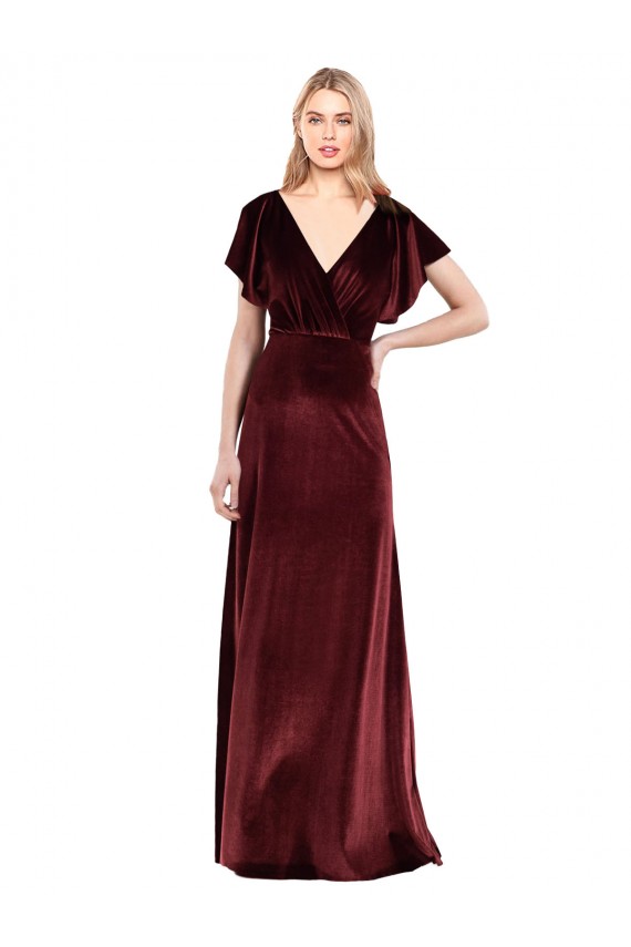 Flutter Sleeves Burgundy Open Back A-Line V-Neck Prom Dress / Bridesmaid Dress Lincoln