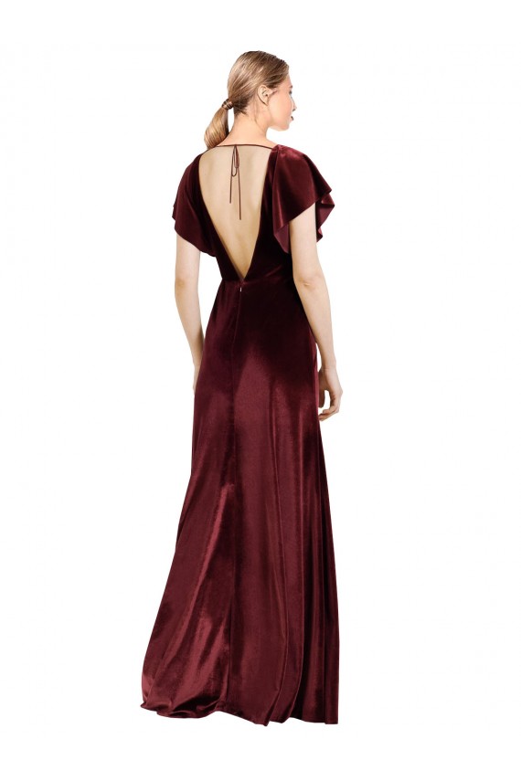 Flutter Sleeves Burgundy Open Back A-Line V-Neck Prom Dress / Bridesmaid Dress Lincoln