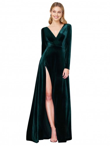 Long Sleeves Dark Green A-Line V-Neck Black Tie Evening Gown / Prom Dress / Bridesmaid Dress Lincoln