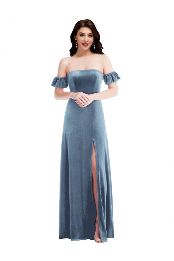 Ruffle Sleeves Dusty Blue Low Back A-Line Off the Shoulder Formal Dress / Bridesmaid Dress Lincoln