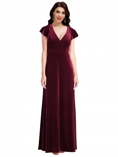 Flutter Sleeves Burgundy A-Line V-Neck Semi Formal Evening Dress / Prom Dress / Bridesmaid Dress Lincoln