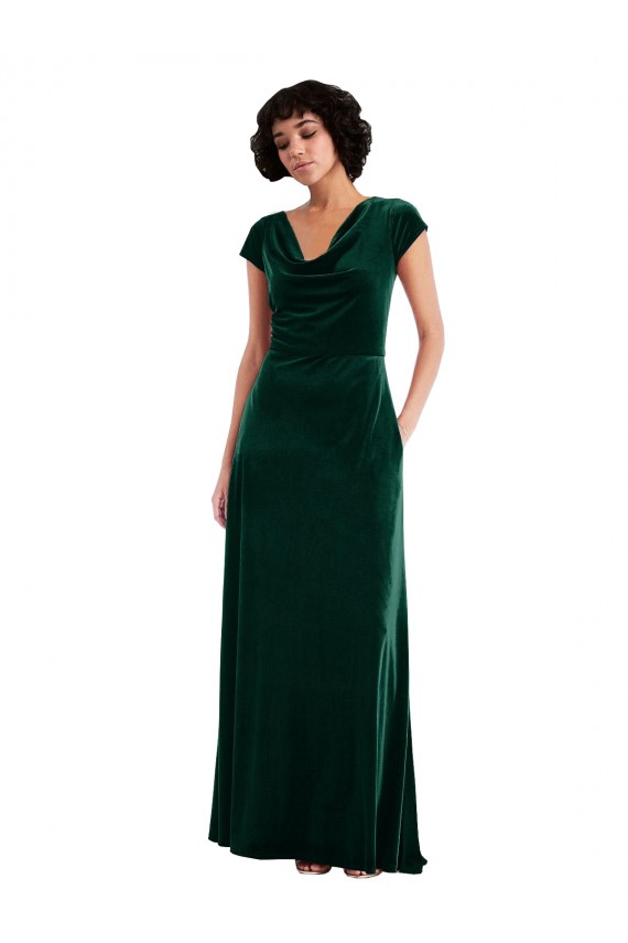 Cap Sleeves Dark Green A-Line Cowl Neck Black Tie Evening Gown / Prom Dress / Bridesmaid Dress Lincoln