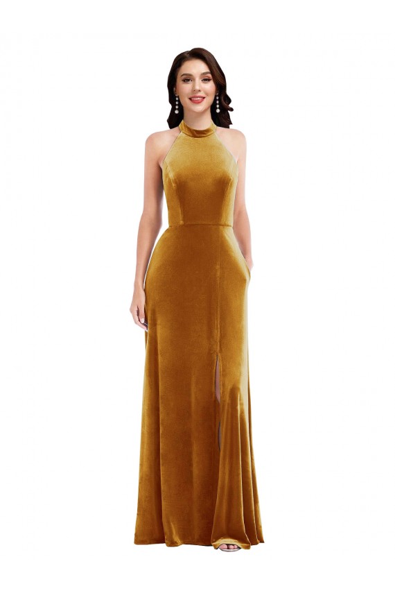 Sleeveless Gold Keyhole Back Trumpet Halter Neck Semi Formal Evening Dress / Prom Dress / Bridesmaid Dress Lincoln