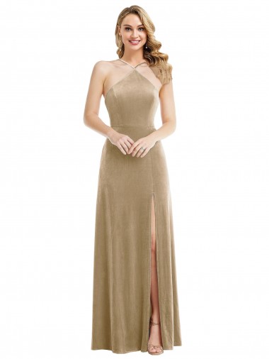 Sleeveless Champagne Open Back A-Line Halter Neck Semi Formal Evening Dress / Prom Dress / Bridesmaid Dress Lincoln