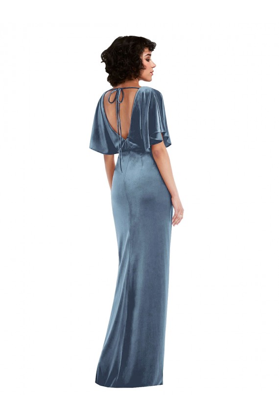 Flutter Sleeves Dusty Blue Open Back Sheath Semi Formal Evening Dress / Prom Dress / Bridesmaid Dress Lincoln