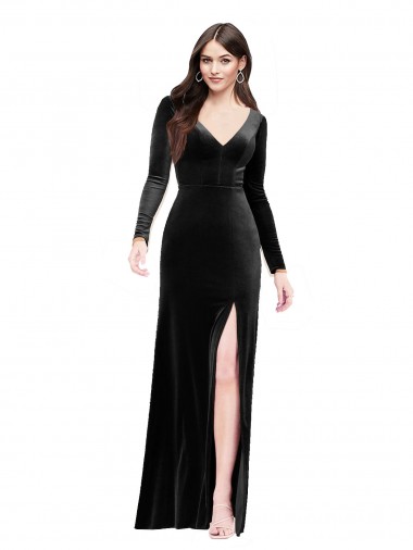 Long Sleeves Black V-Back Column V-Neck Formal Evening Gown / Prom Dress / Bridesmaid Dress Lincoln