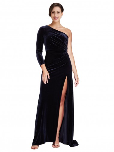 Long Sleeves Dark Navy A-Line One Shoulder Formal Evening Gown / Prom Dress / Bridesmaid Dress Lincoln