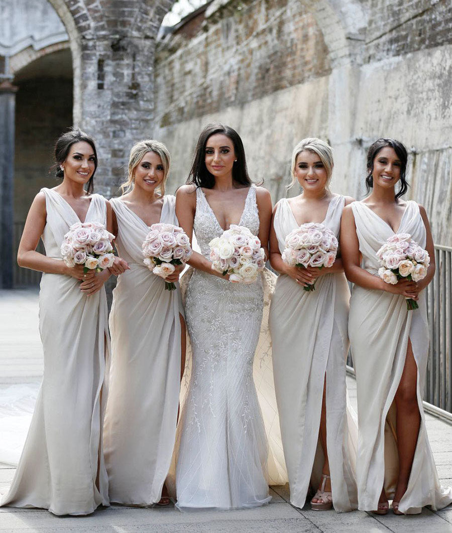 Full Length Luxe Chiffon Long Champagne bridesmaid dresses Lincoln with Sexy High Slit and Front Ruffles