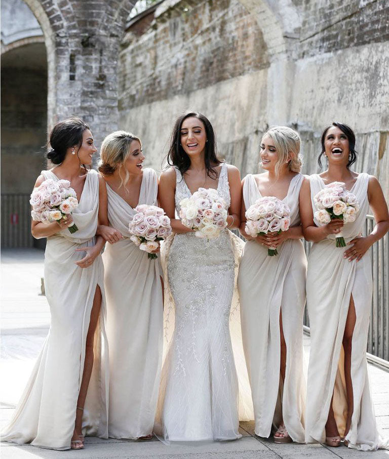 Full Length Luxe Chiffon Long Champagne bridesmaid dresses Lincoln with Sexy High Slit and Front Ruffles