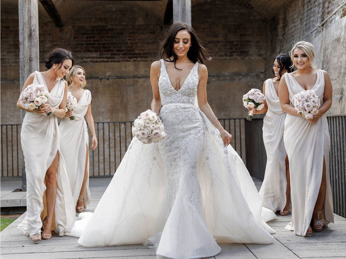 Full Length Luxe Chiffon Long Champagne bridesmaid dresses Lincoln with Sexy High Slit and Front Ruffles