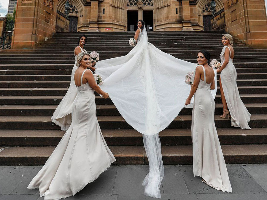 Full Length Luxe Chiffon Long Champagne bridesmaid dresses Lincoln with Sexy High Slit and Front Ruffles