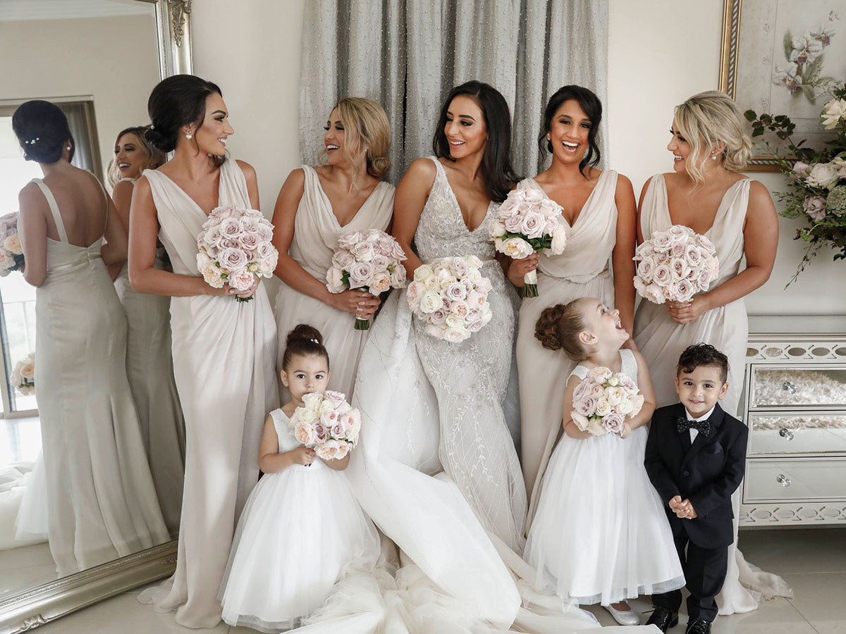 Full Length Luxe Chiffon Long Champagne bridesmaid dresses Lincoln with Sexy High Slit and Front Ruffles