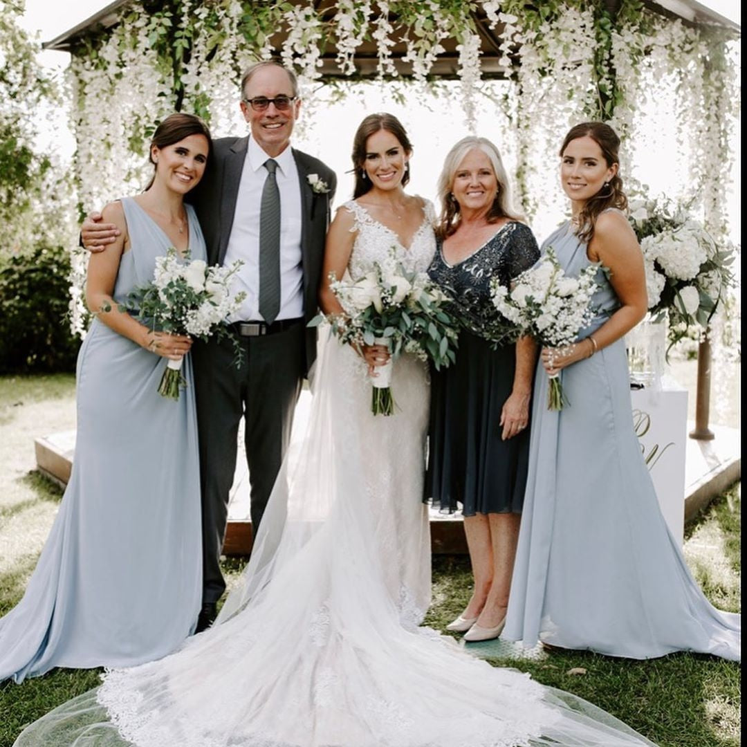 Dusty Blue Full Length Luxe Chiffon Long Champagne bridesmaid dresses Lincoln with Sexy High Slit and Front Ruffles