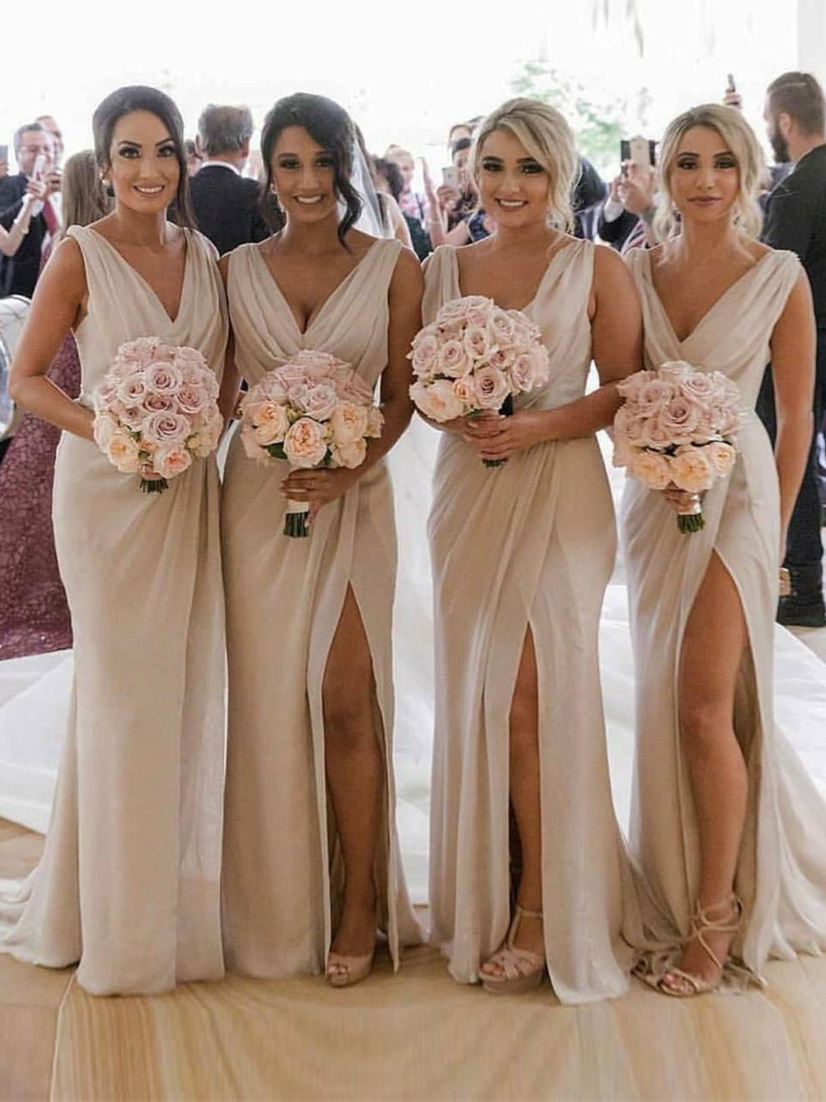Champagne Full Length Luxe Chiffon Long Champagne bridesmaid dresses Lincoln with Sexy High Slit and Front Ruffles